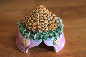 Sweet Toad House with Textured Brown Roof with Leaves and Flowers  and Pink Glaze