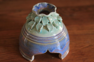 Iridescent Blue/Purple/Green Glaze Toad House with Leaves