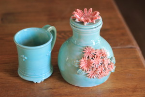 Water Carafe with flower lid top, Robins Egg Blue Wash and Mug