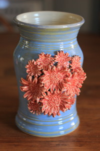 Large Vase, Blue/Green Glaze with Orange Mum Flower Spray