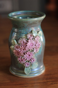 Great "Pam's Green Coyote Glaze" with Purple Flower Spray Vase