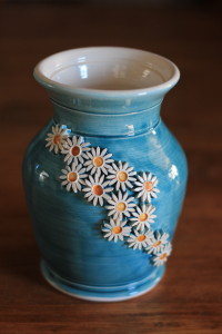 Blue Wash Glaze, White Interior Yellow Daisy Floral Spray Vase