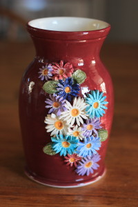 Brick Red Glaze Multi Color Floral Spray, White Interior Vase