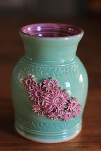 Bright Purple Interior, Green Wash Glaze, Purple Flower Spray Vase