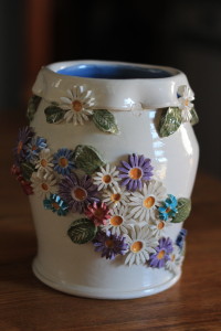 Abundant Multi Colored Floral Vase, White with Blue Interior