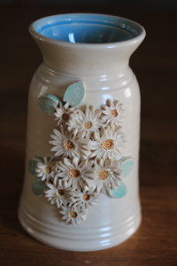 Vase, Blue Interior, White Exterior with White Mum Flowers