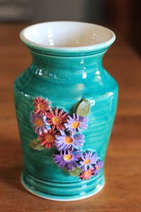 Elegant Vase, Blue Wash Exterior with Multi Colored Flowers, White Interior