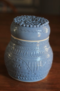 Deeply Textured Covered Pot, Wedgewood Blue Glaze, White Interior