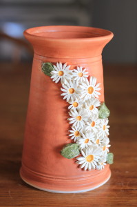 Matt Orange Glazed Tall Vase With Spray of White Daisy Flowers